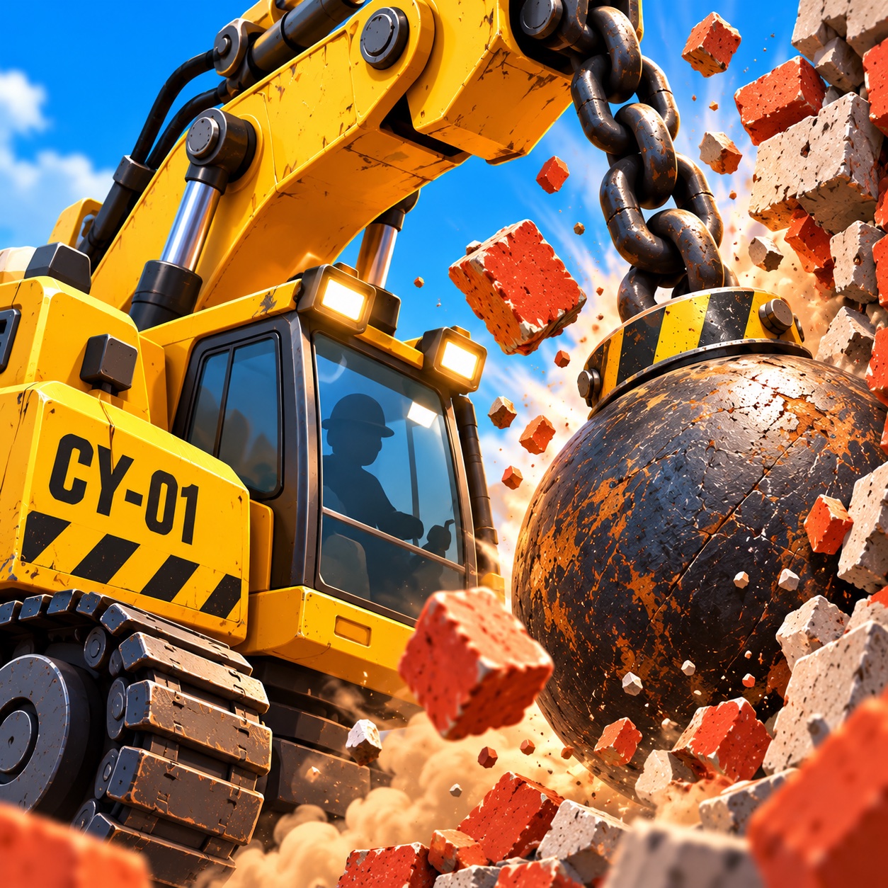 A yellow demolition machine swings its wrecking ball through a brick wall