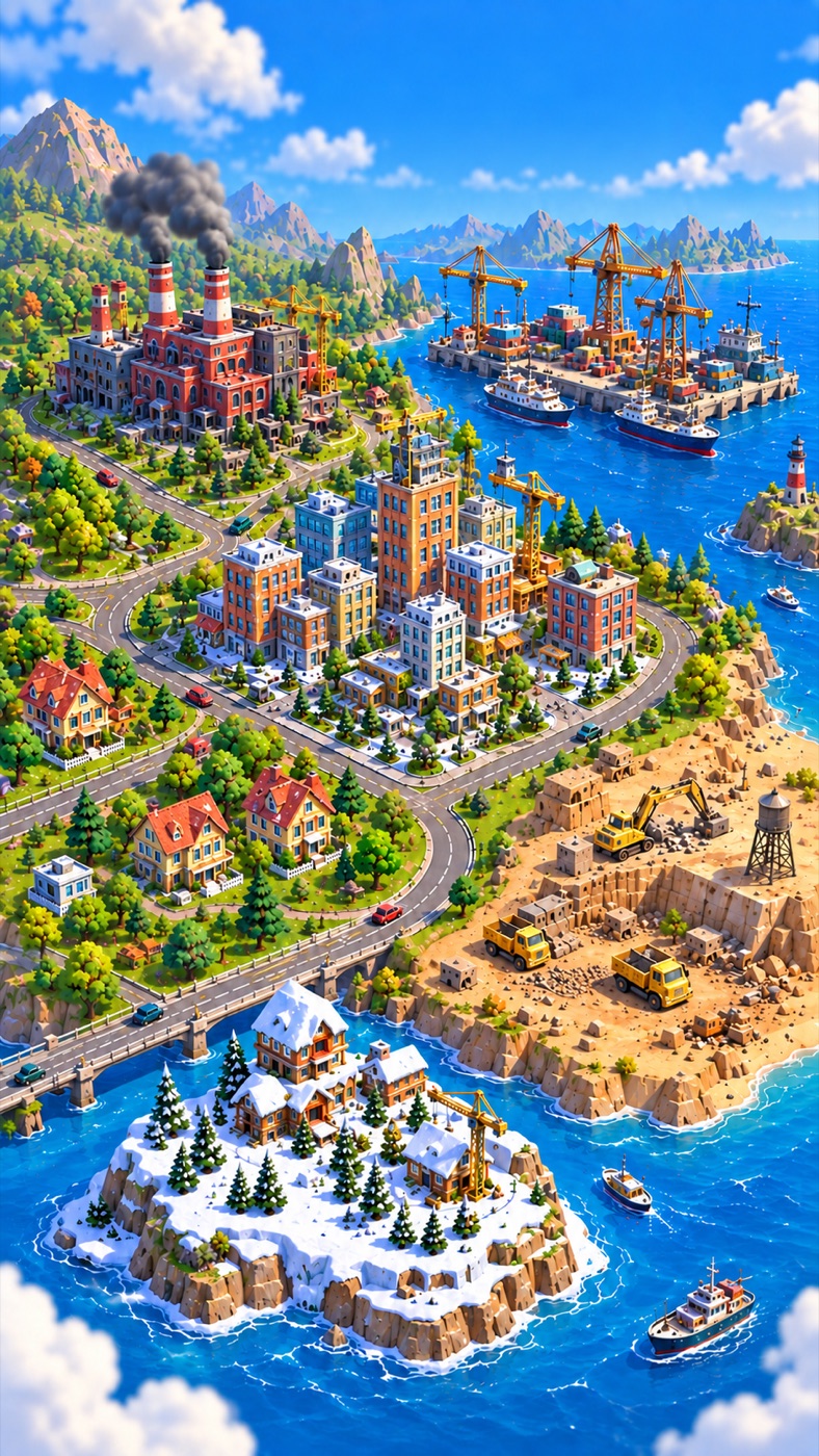 An illustrated coastal demolition world with suburbs, a city, an industrial district, harbor, desert, and snowy island